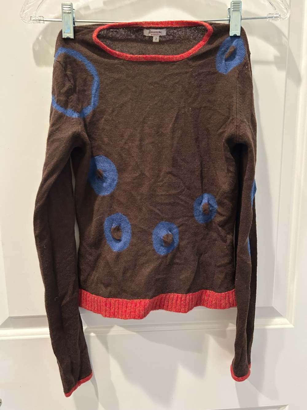 Bellerose Brown Crewneck Sweater with Blue Polka Dots and Red Trim